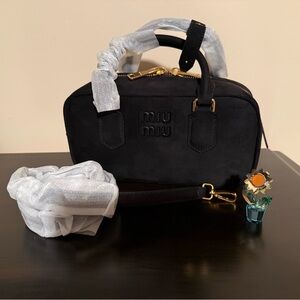 NEW Black Suede Shoulder Crossbody Bag with gold hardware